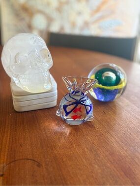 Vintage Art Glass Paperweights – Fish Bowl & Glass Sphere and Modern Resin Skull